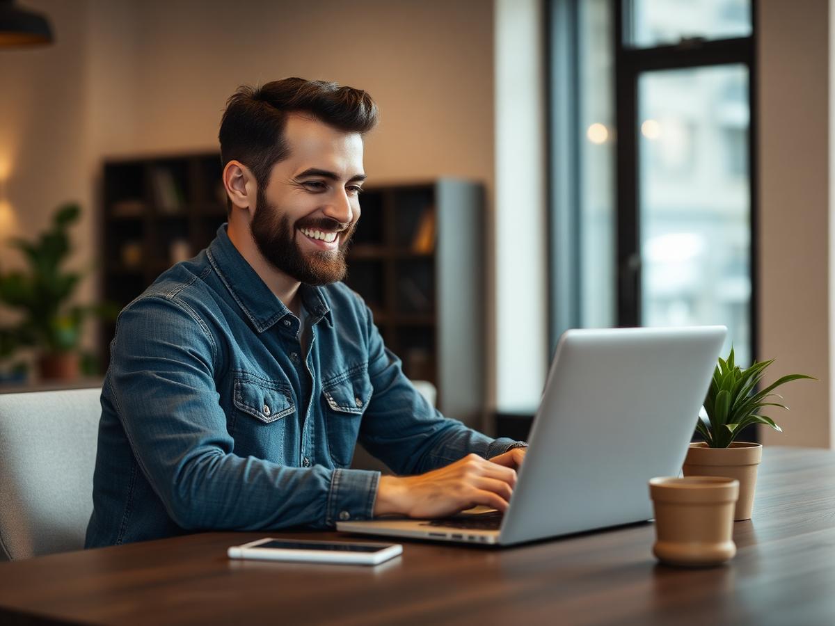 Homem trabalhando no notebook com a landing page da Weblite